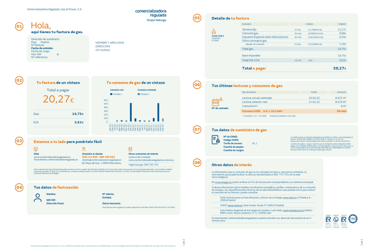 Factura de gas de la Comercializadora Regulada