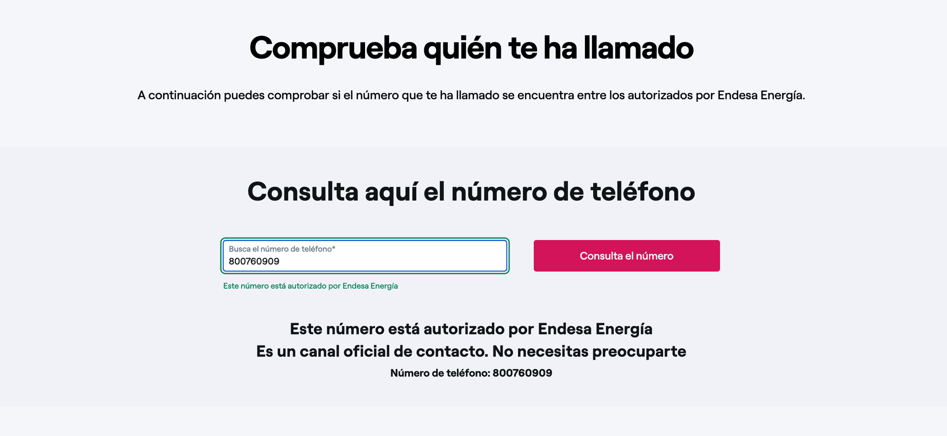 Mensaje de teléfono validado por Endesa